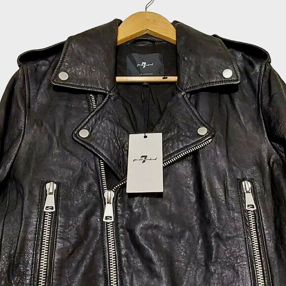 NWT 7 For All Mankind Asymmetrical Black Leather Moto Biker Jacket Edgy/Rocker L - Picture 3 of 11